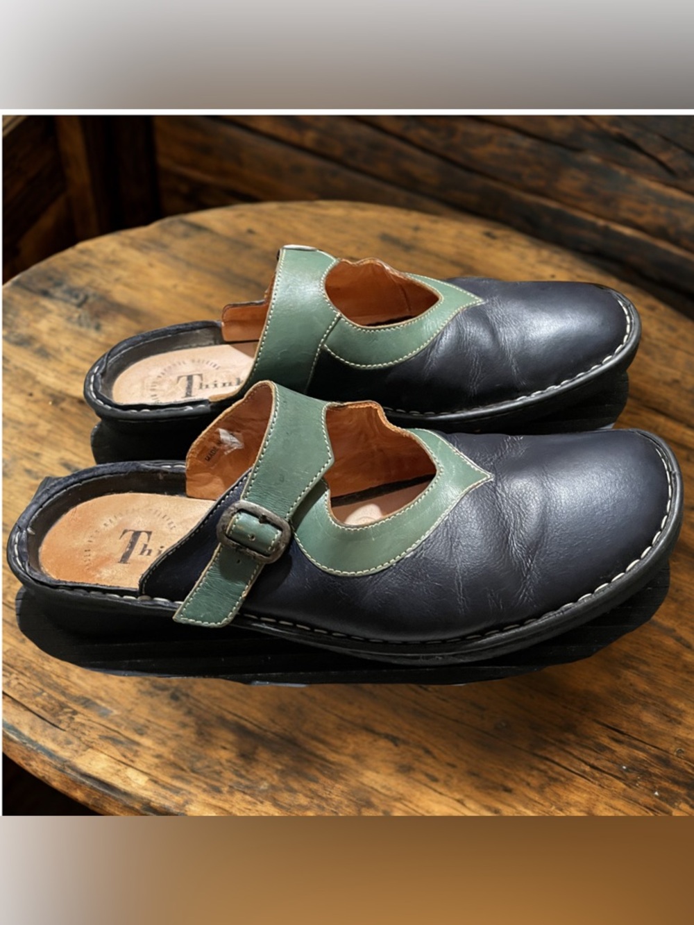 THINK! Women's Blue Green Leather Heart Cutout Mules Clogs EU 42 US 11 Wide VTG - Picture 4 of 9